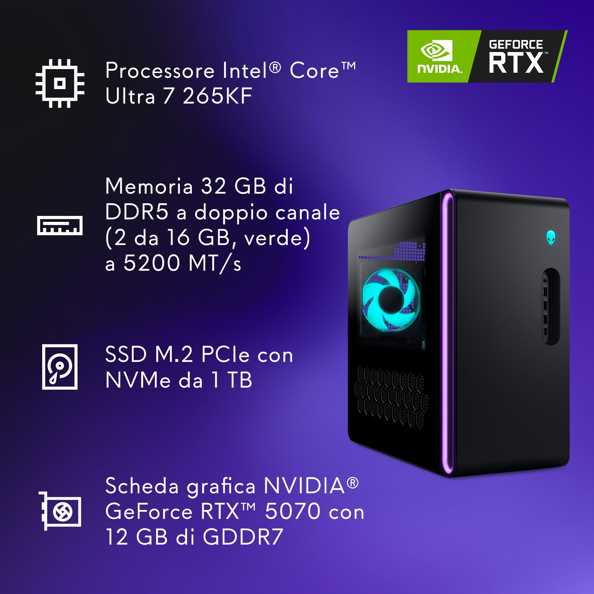 Alienware Aurora Desktop ACT1250, Intel Core Ultra 7 265KF, Windows 11 Home | NVIDIA GeForce RTX 5070 12GB GDDR7, 32GB DDR5 RAM, 1TB SSD, Wi‑Fi, Bluetooth, Ethernet 2.5G, Pronto per gaming