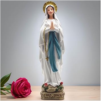 Our Lady of Lourdes Statue 10.95" Praying Virgin Mary Resin Figurine with Rosary, Hand-Painted Catholic Decor for Home Altar, Indoor Religious Display or Gift
