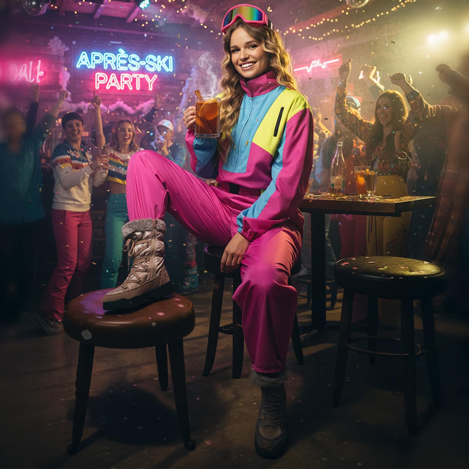 Boland – Combinaison de ski rétro rose, brille sous la lumière noire, costume des années 80 pour femmes, tenue pour soirée après-ski, combinaison pour costumes de carnaval