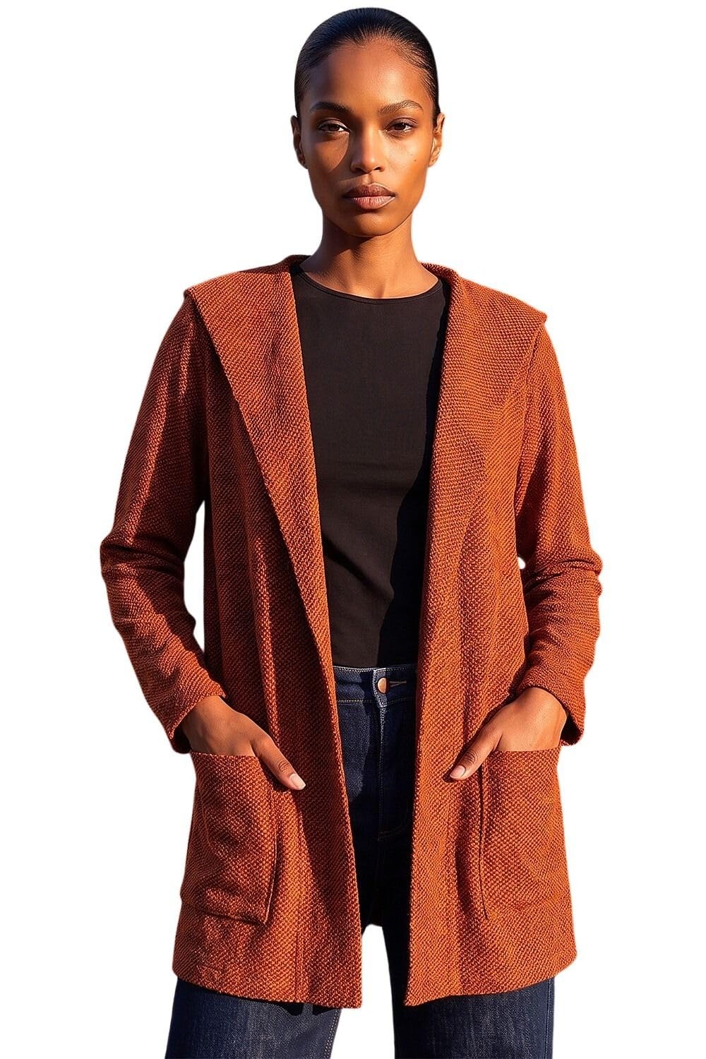 Roman Originals Women's Rust Longline Hooded Cardigan For Uk - Everyday Autumn Winter Comfy Soft Evening Vacation Work Party Night Out - Size 12