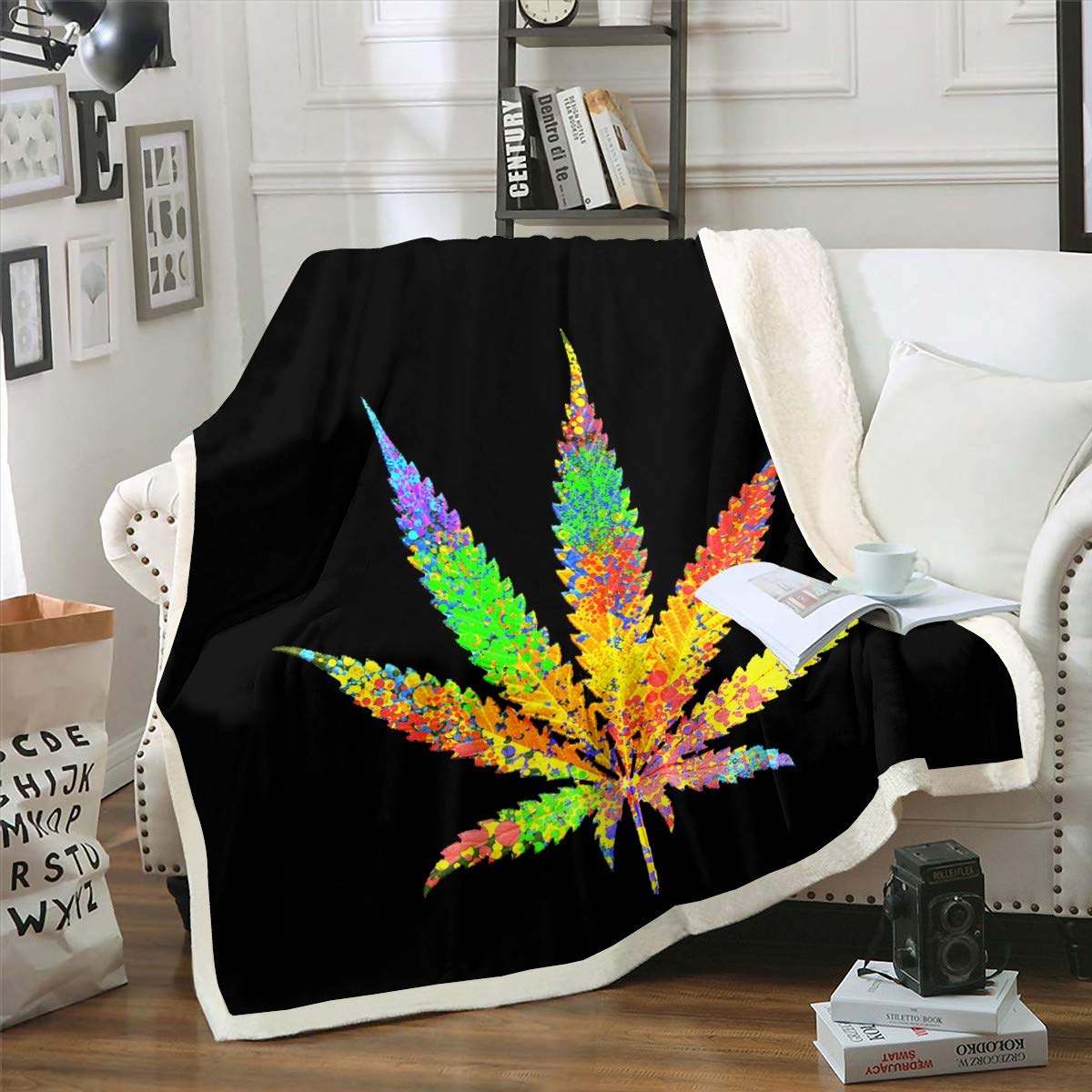 Loussiesd Marijuana Weed Leaf Fleece Throw Blanket for Bed Soft Children Cannabis Leaves Chic Marijuana Leaf Sherpa Blanket Botanical plant Room Decor King 87"x94"