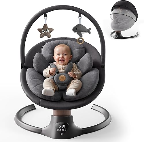 Miniatura 9 de Columpios de bebé para bebés, columpio eléctrico para bebés con 10 melodías preestablecidas, 5 velocidades, control remoto y Bluetooth, columpio