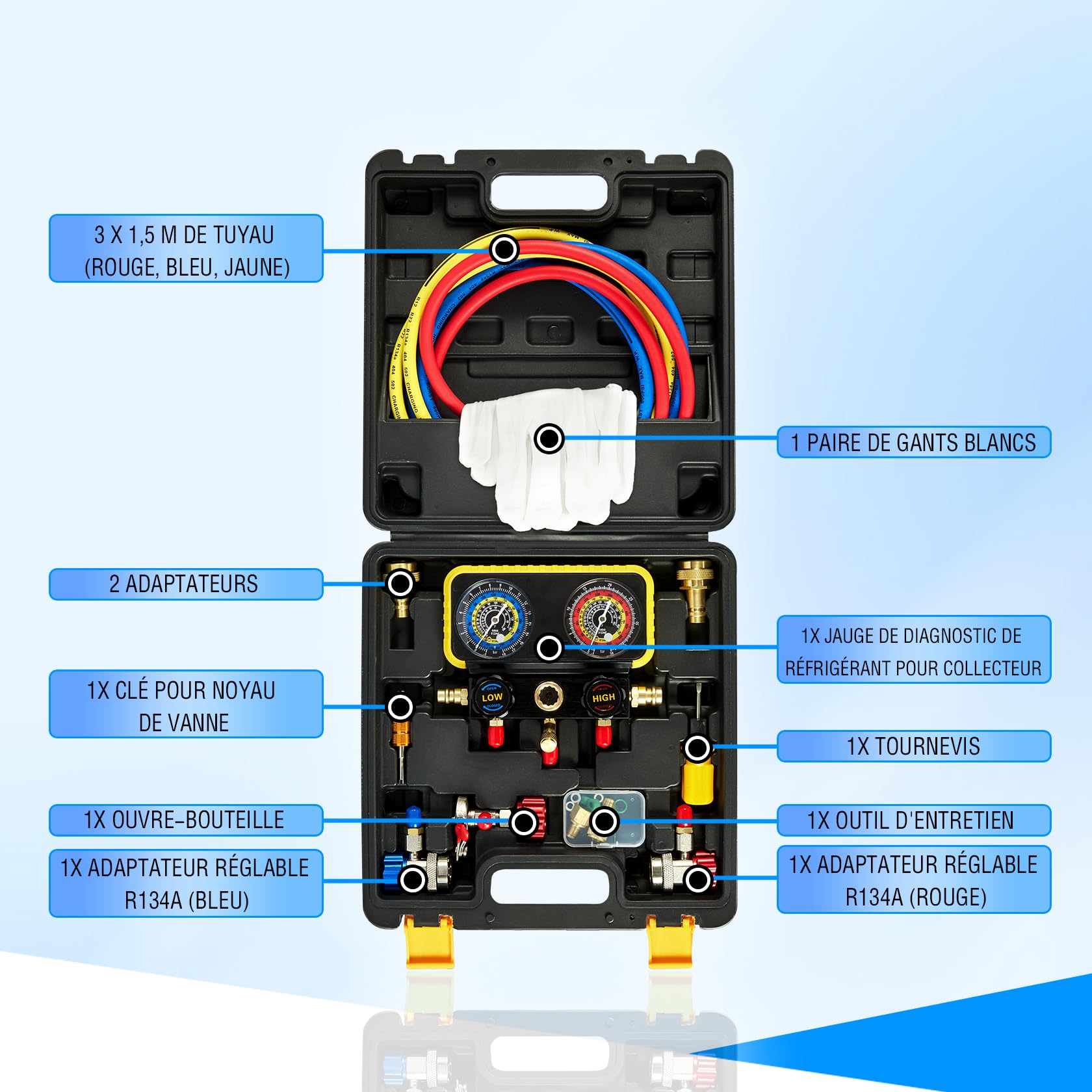 Pindex Manomètre pour Clim r1234yf Voiture pour réfrigérant R1234YF R134a R404A, Manomètre pour Réfrigérant Automobile avec 3x 1,5m de Tuyaux, pour la Charge de Réfrigérant AC de Voiture