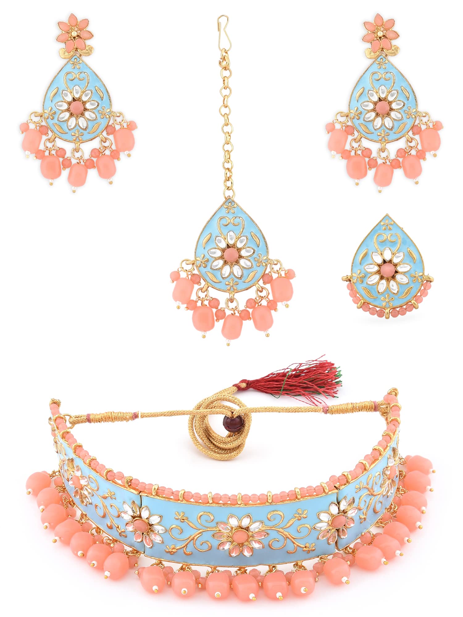 ZAVERI PEARLS Peach & Turquoise Meenakari Ethnic Choker Necklace Earring Maangtikka & Ring Set For Women-ZPFK12632 (B09WVM21J9) Amazon Price History, Amazon Price Tracker