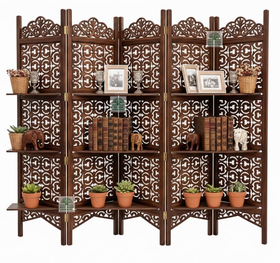 Image of Wooden Room Divider 6 Feet, 5-Panel Folding Wooden Partition for Living Room, Office, Pooja Room, Restaurant, Kitchen & Balcony