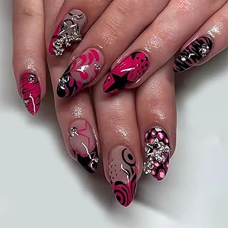 Y2K Press on Nails Hot Pink Fake Nails with 3D Star Rhinestones French Tip Designs 24 Pcs Natural Reusable Medium Almond Acrylic Nail Full Cover Stick on Nail for Women WYFHDT