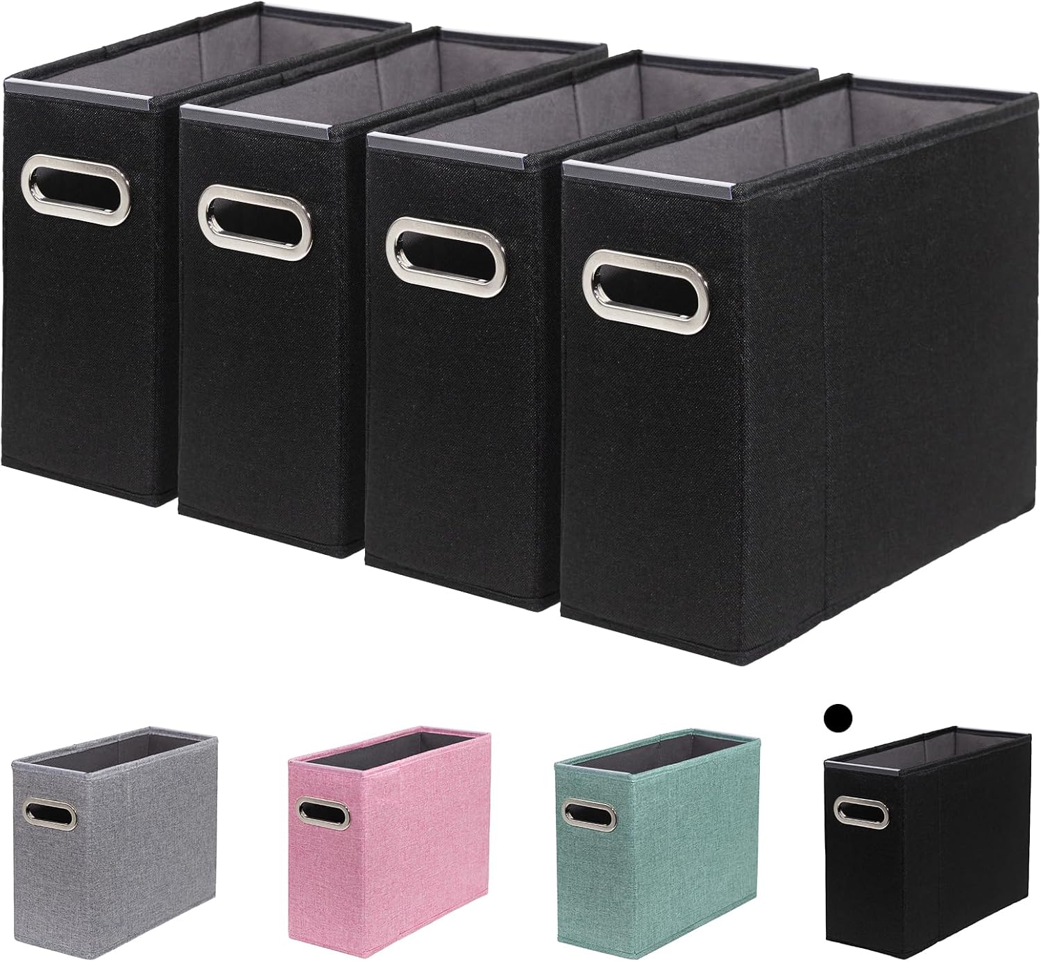 4 Packs Letter Size File Organizer, File Folders Organizer, Fabric Storage Box, Collapsible Paper Organizer with Metal Handle, Smooth PVC Rails, Only Box (Black)