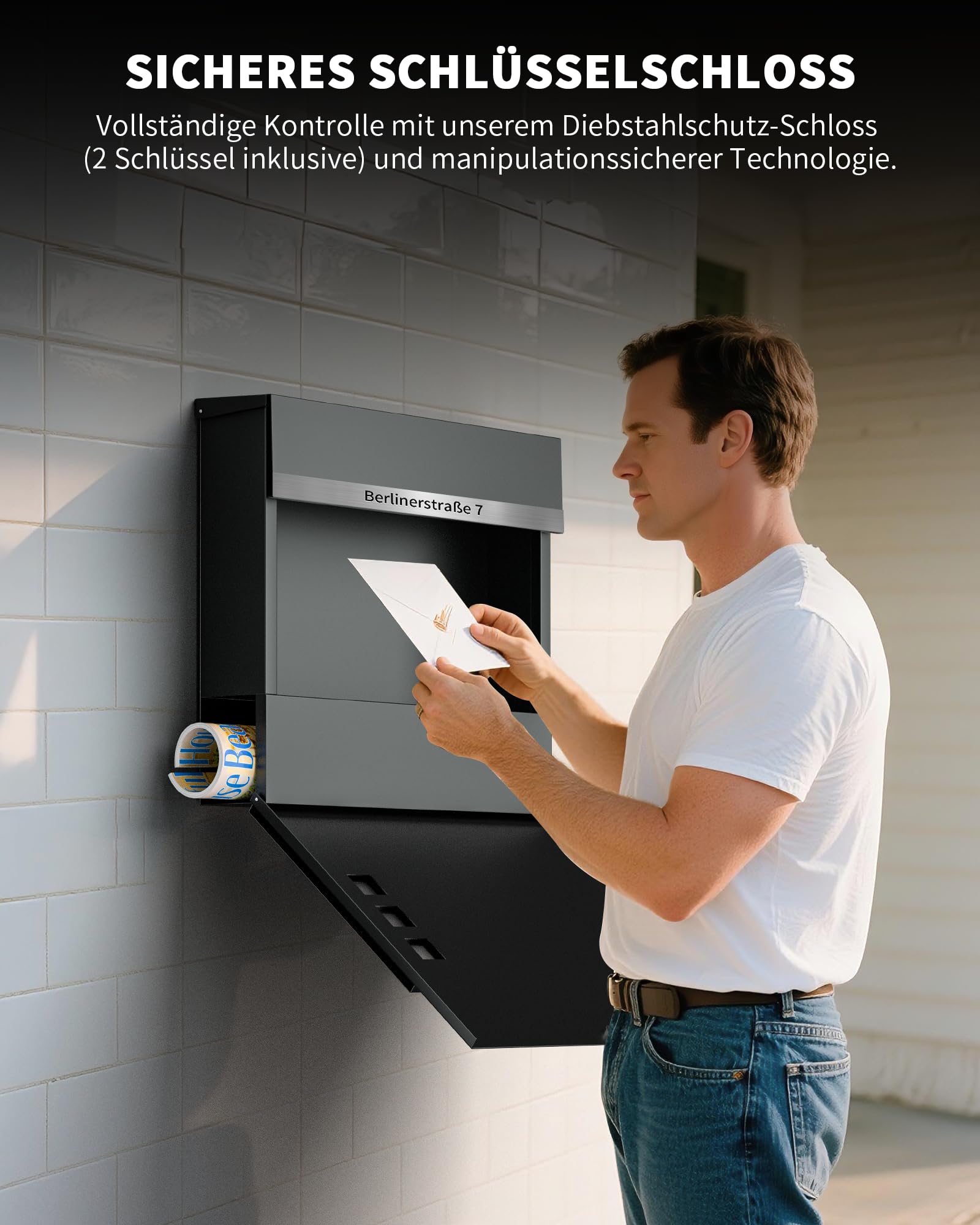 Briefkasten Anthrazit mit Gravur, Personalisiert Individualisierbarer Postkasten 2-in-1 Rostfreier Edelstahl Namensschild & Hausnummer inkl. Zeitungsfach & Schloss (2 Schlüssel)