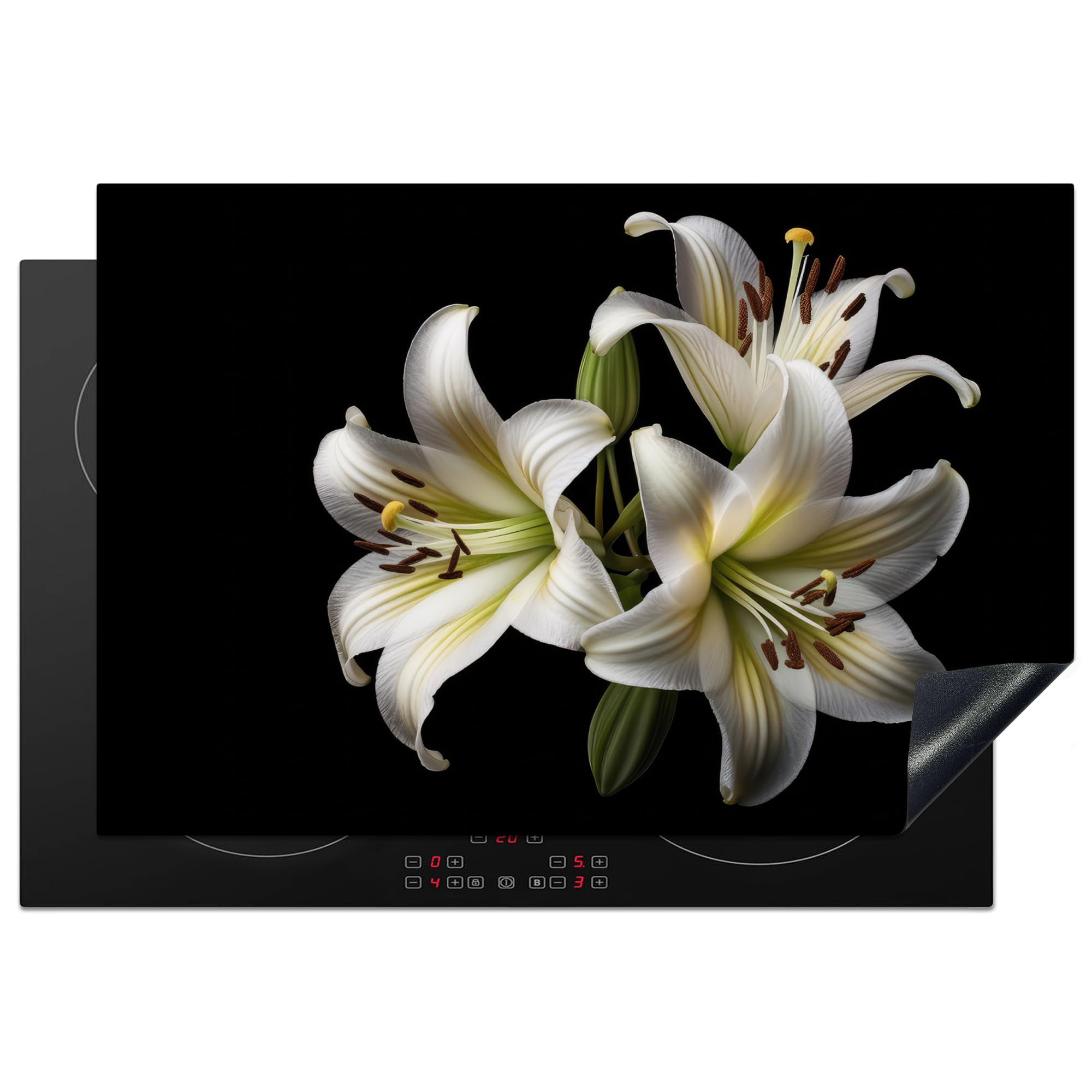 KitchenYeah© Induction Hob Protector Mat 20.5"x30.7" / 78x52 cm Stove Cap Top Cover Kitchen Cooker Covers for Electric Hobs Vinyl Lily - Flowers - White - Nature - Botanical — image 1