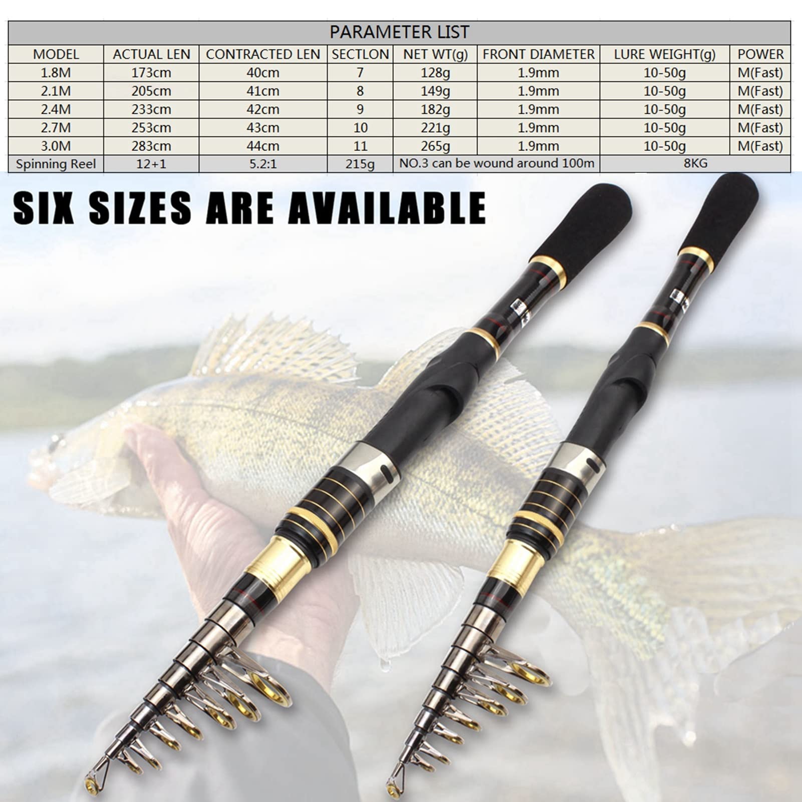 1. 8m 2.1m Bobine de Tige Portable Carbone Combos Tout for la pêche Pêche à pêche télescopique Canne à pêche Accessoires de pêche Set TIGN Roll Combo ZYHWY