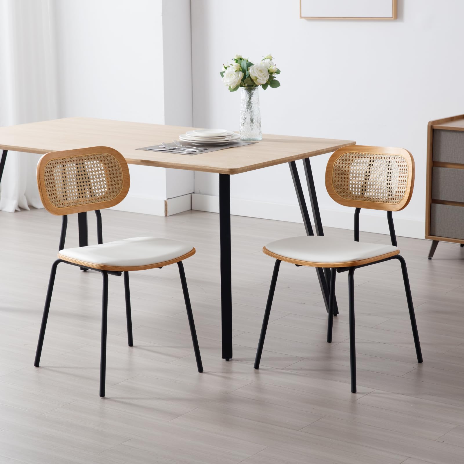 HEAH-YO Dining Chairs Set of 2, Upholstered Faux Leather Rattan Dining Chairs with Backrest and Metal Legs, Armless Kitchen Rattan Chairs for Dining