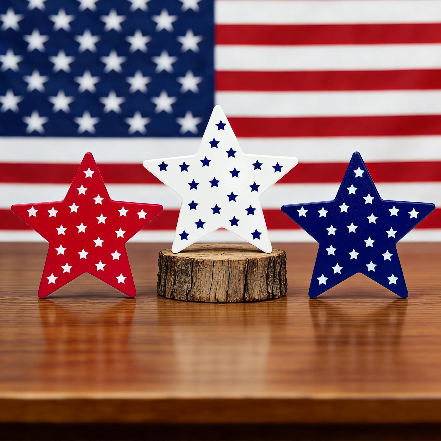 4th of July Table Decorations 3 PCS, Fourth of July Red White Blue Wooden Star Decor Centerpiece for Indoor Home, Patriotic Labor Day Gifts Signs for