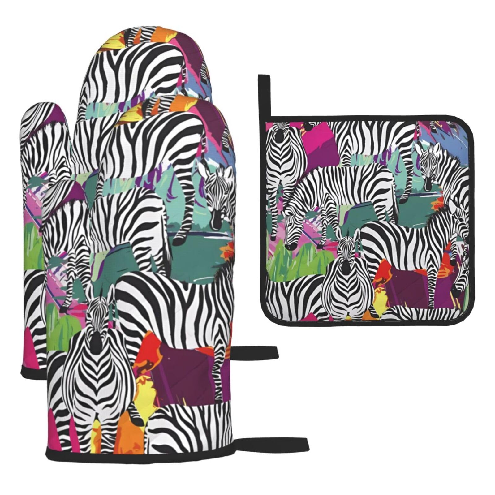 Zebra Printed Oven Mitt Set 3-Piece | Heat Resistant Gloves & Pot Holder Mat for Cooking, Baking & BBQ