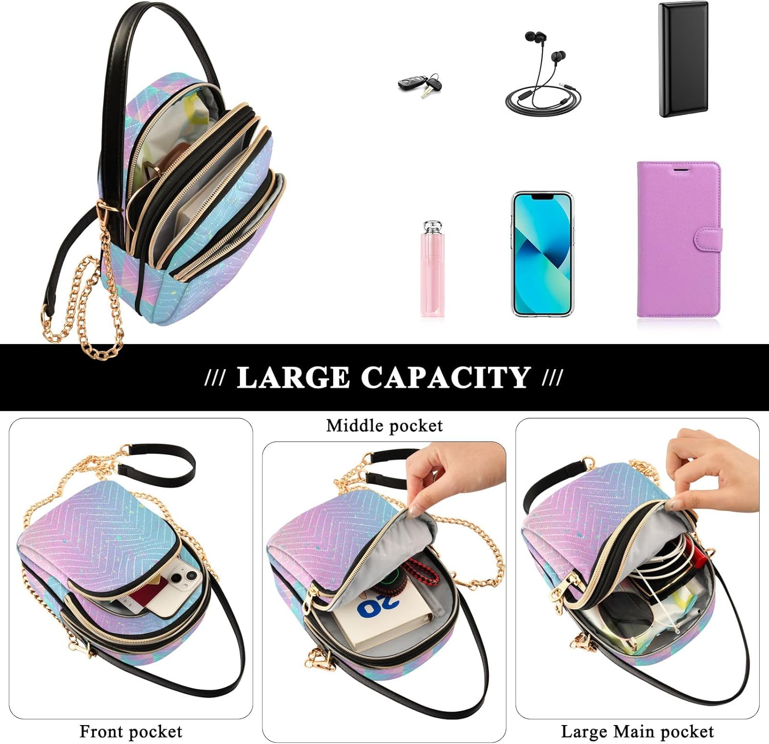 Unicorn Background with Rainbow Crossbody Handbags for Women Casual Leather Shoulder Phone Purse - Image 7