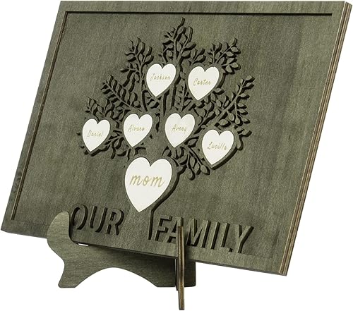 Vista 146 de Árbol genealógico con etiqueta de corazón, placas de madera grabadas personalizadas, regalos personalizados para madres, padres, escritorio, nombres