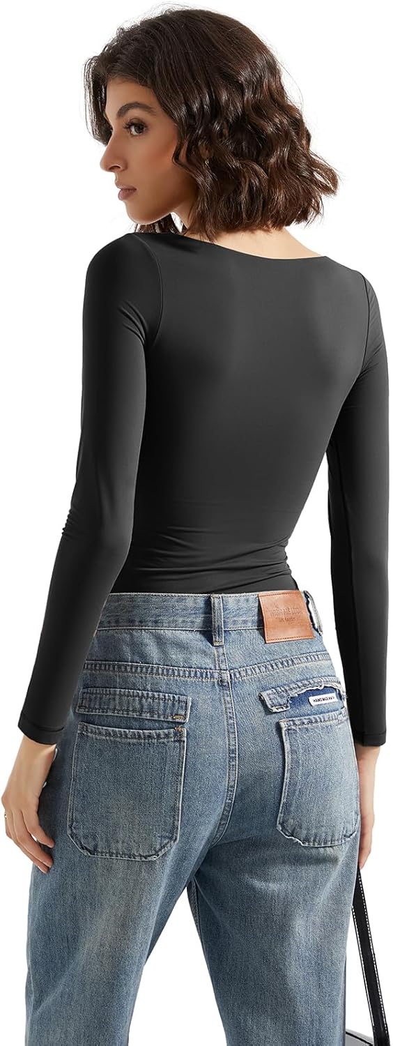 SUUKSESS Women Double Lined Fitted Basic T Shirts Scoop Neck Long Sleeve Crop Top - Image 3