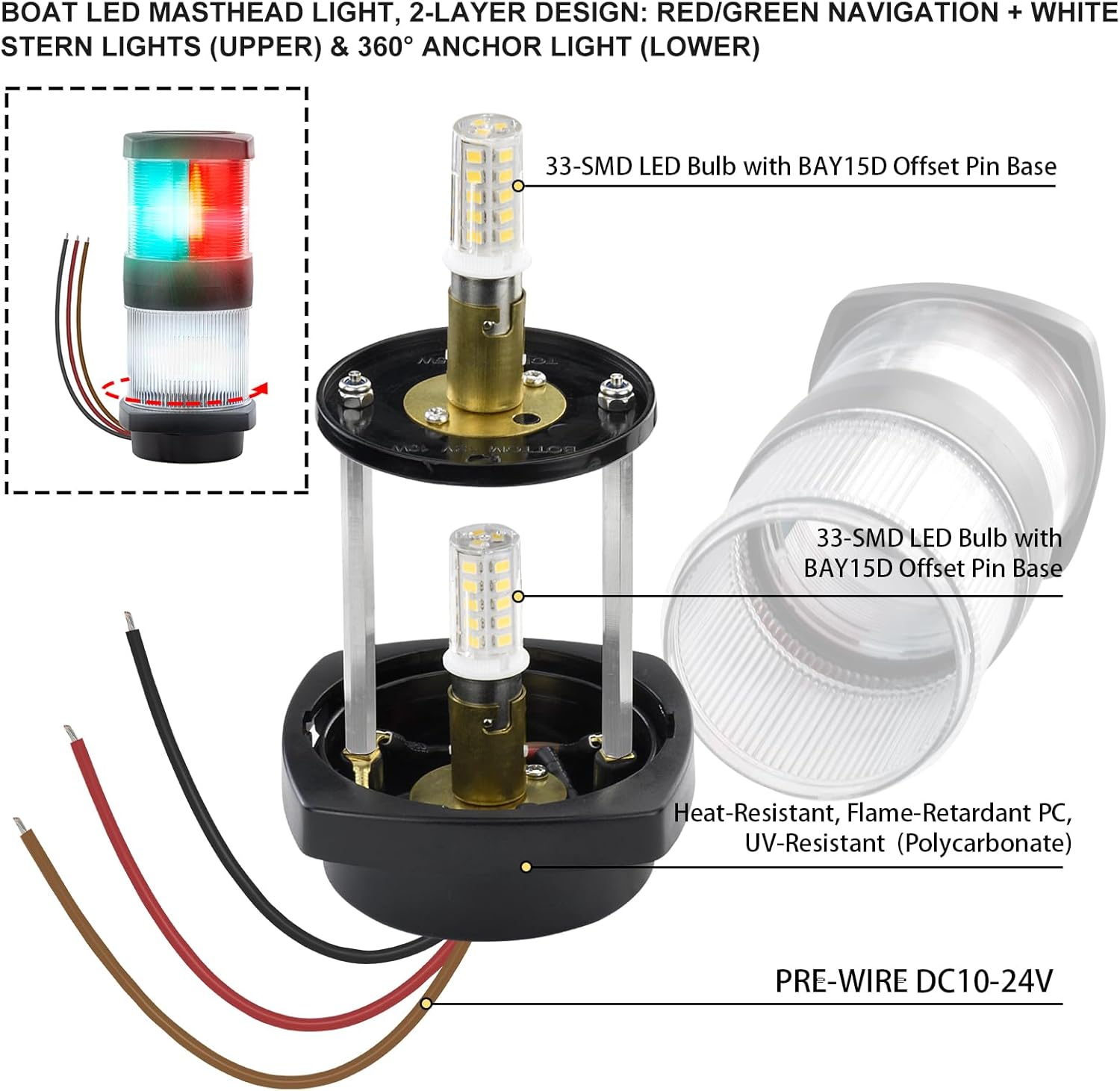 LED Mast Light, 3-Color Combo (Red/Green Navigation Lights + White Stern Lights) +All-Round Anchor Light, 10-24V DC, 8.26 Inches for Boat,Sailboats Mast Mount