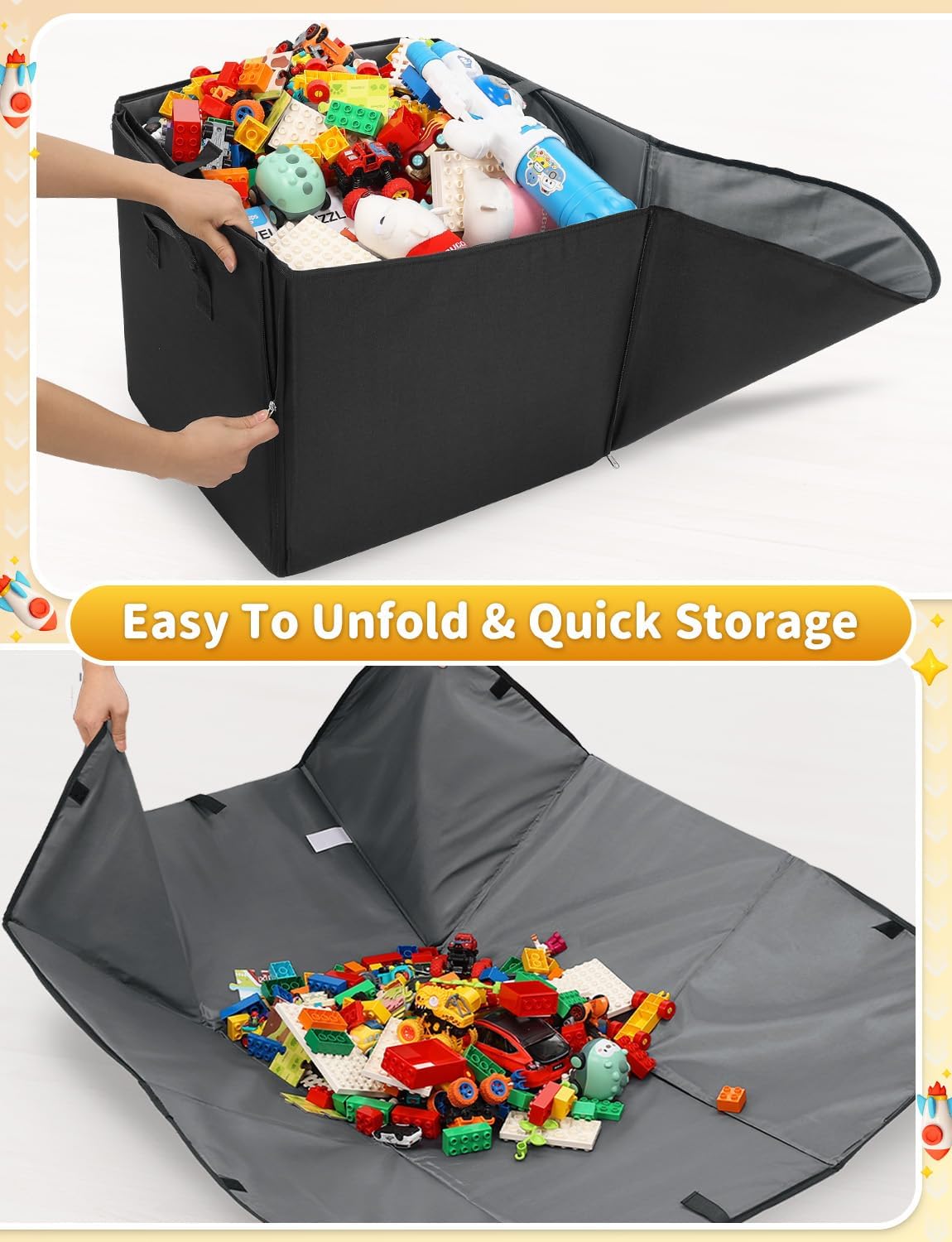 YOHOOLYO 2 In 1 Toy Storage Play Mat, Storage Box for Kids Children Space Adventures Design,Nursery, Playroom, Basket for Building Bricks Blocks Collapsible Cube Bin, 18.7" x 18.7" x 18.7"