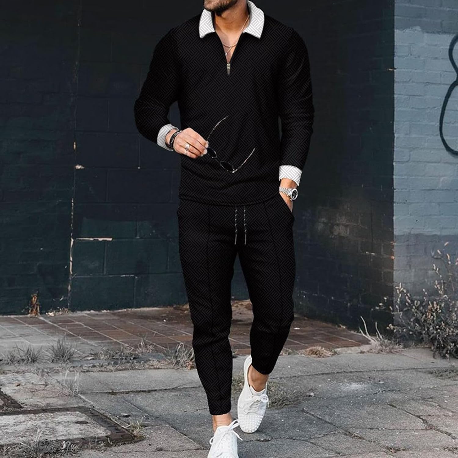 Size XL White Collar Mixed Black Men's Polo Track Suit Sets Long Sleeve Mens Outfits 2 Piece Fashion Sweatsuit Comfy Casual Set for Men - Image 2