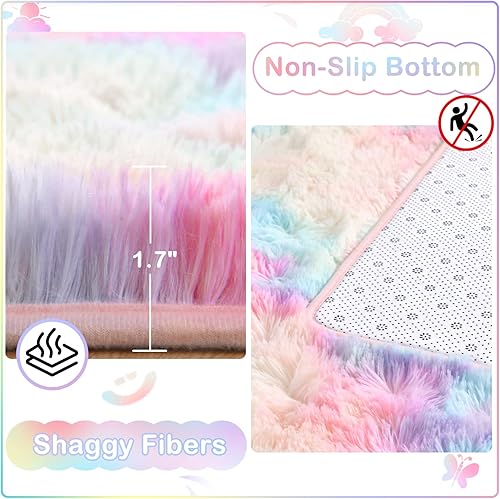 Miniatura 5 de Ompaa Alfombra suave y esponjosa de arco iris para dormitorio de niñas, alfombras Kawaii de teñido anudado para niños, para adolescentes, estética,