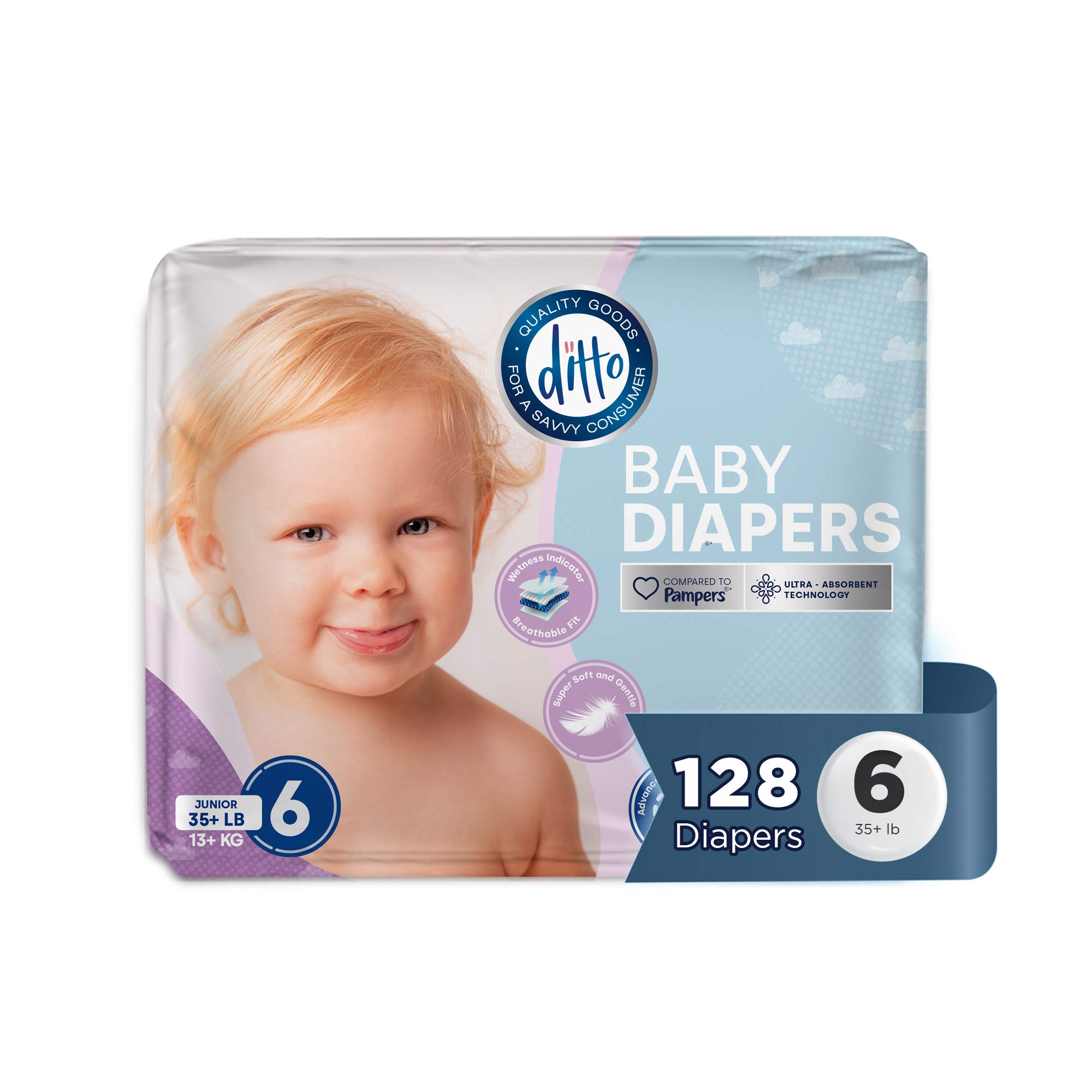 Ditto Baby Diapers Size 6 (128 Count) – Breathable Disposable Diapers – 12-Hour Leak Protection & Wetness Indicator – Day + Overnight Diapers for Sensitive Skin – No Fragrance, Parabens or Latex