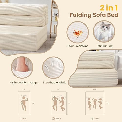 Miniatura 7 de Folding Sofa Bed, Convertible Sleeper Chair with Pilow Foldable Matress, 2 in 1 Pull Out Loveseat Sofa Portable Fold Out Chair Bed Floor Couch