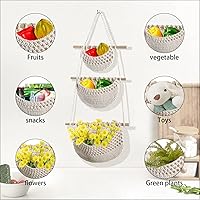 Vista 4 de Cestas de frutas colgantes hechas a mano, cesta de frutas de 3 niveles, cesta colgante tejida de cuerda de algodón, organizador de pared bohemio