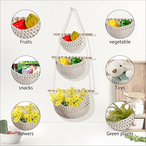 Miniatura 4 de Cestas de frutas colgantes hechas a mano, cesta de frutas de 3 niveles, cesta colgante tejida de cuerda de algodón, organizador de pared bohemio