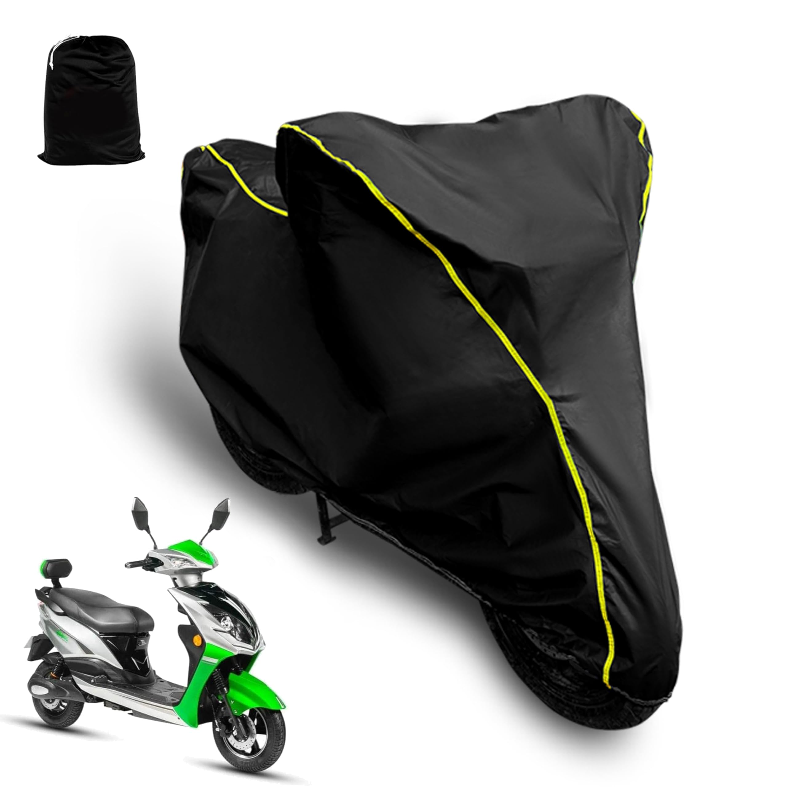 Waterproof Scooty Cover Compatible with Motors E Bike Electric Scooter Cover with All Weather Protection and Triple Stitch, Heavy Buckle with Storage Bage & Black with Yellow Piping-image-5