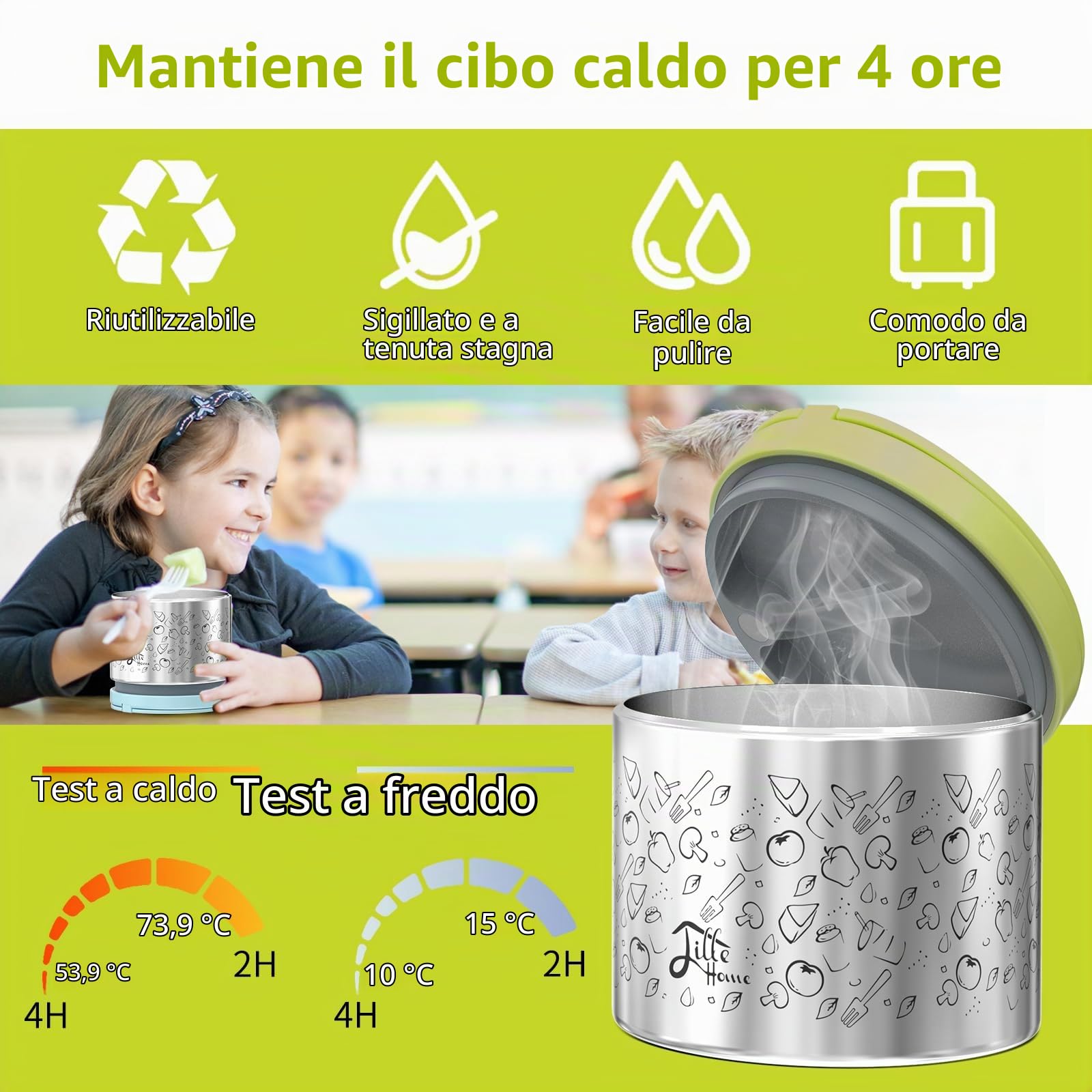Lille Home Set di box da pranzo bento 1065 ml, bento/snack box isolato a vuoto mantenendo il cibo caldo, con 2 contenitori, sacca da pranzo, set di posate
