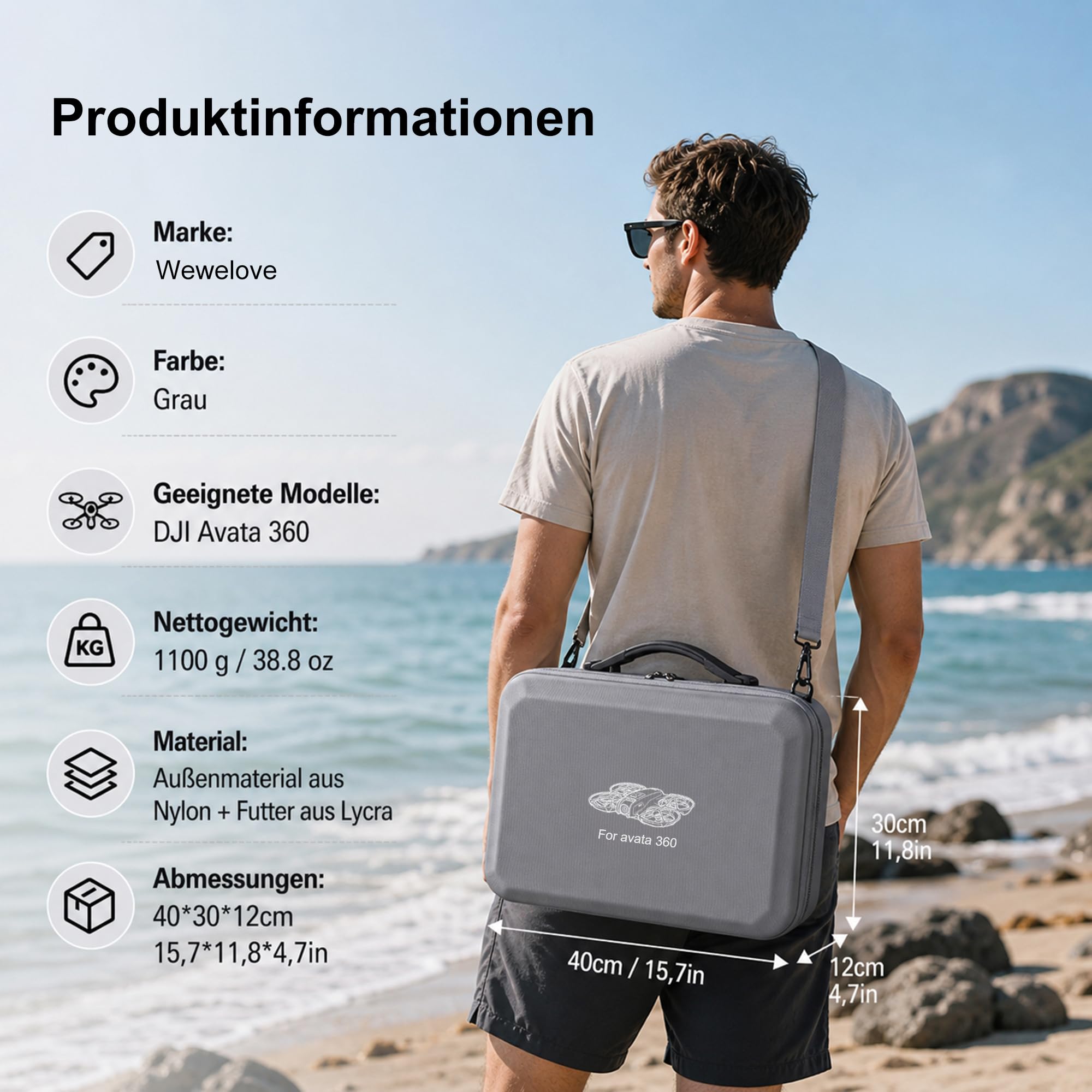 Tasche für DJI Avata 360 Fly More Combo – Koffer für Avata 360 Drohne, RC 2 Fernbedienung, 3 Akkus, Charging Hub und Propeller – wasserabweisend, stoßfest, mit Schultergurt