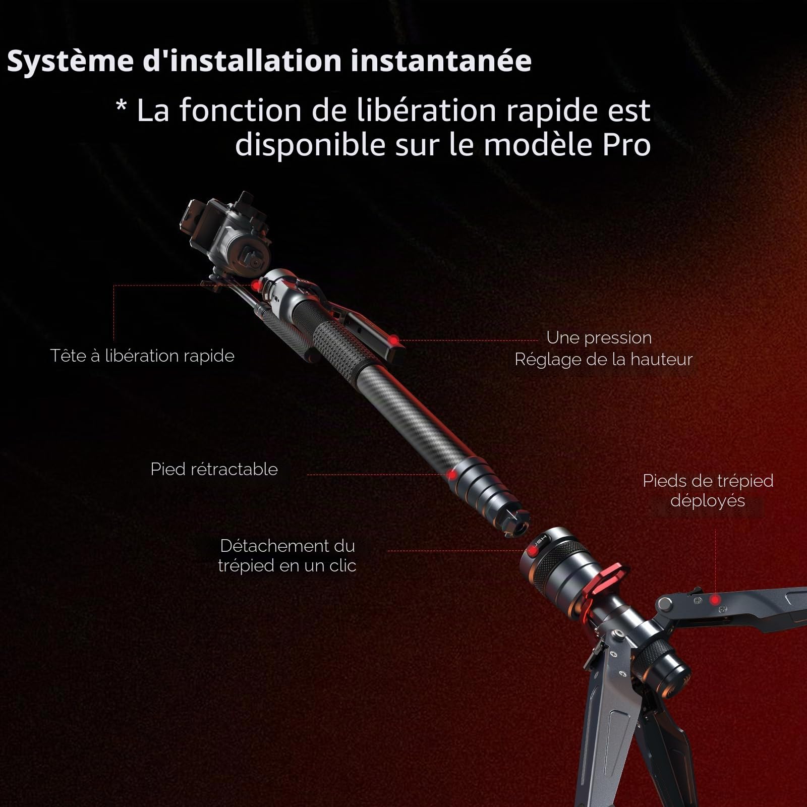SMALLRIG 175cm Trépied Carbone Monopode Tête Fluide 1 Bouton 5kg - 5565 | Fibre carbone, Levage verrouillage 1 bouton, Tête fluide, pour DJI RS, MFT 501L