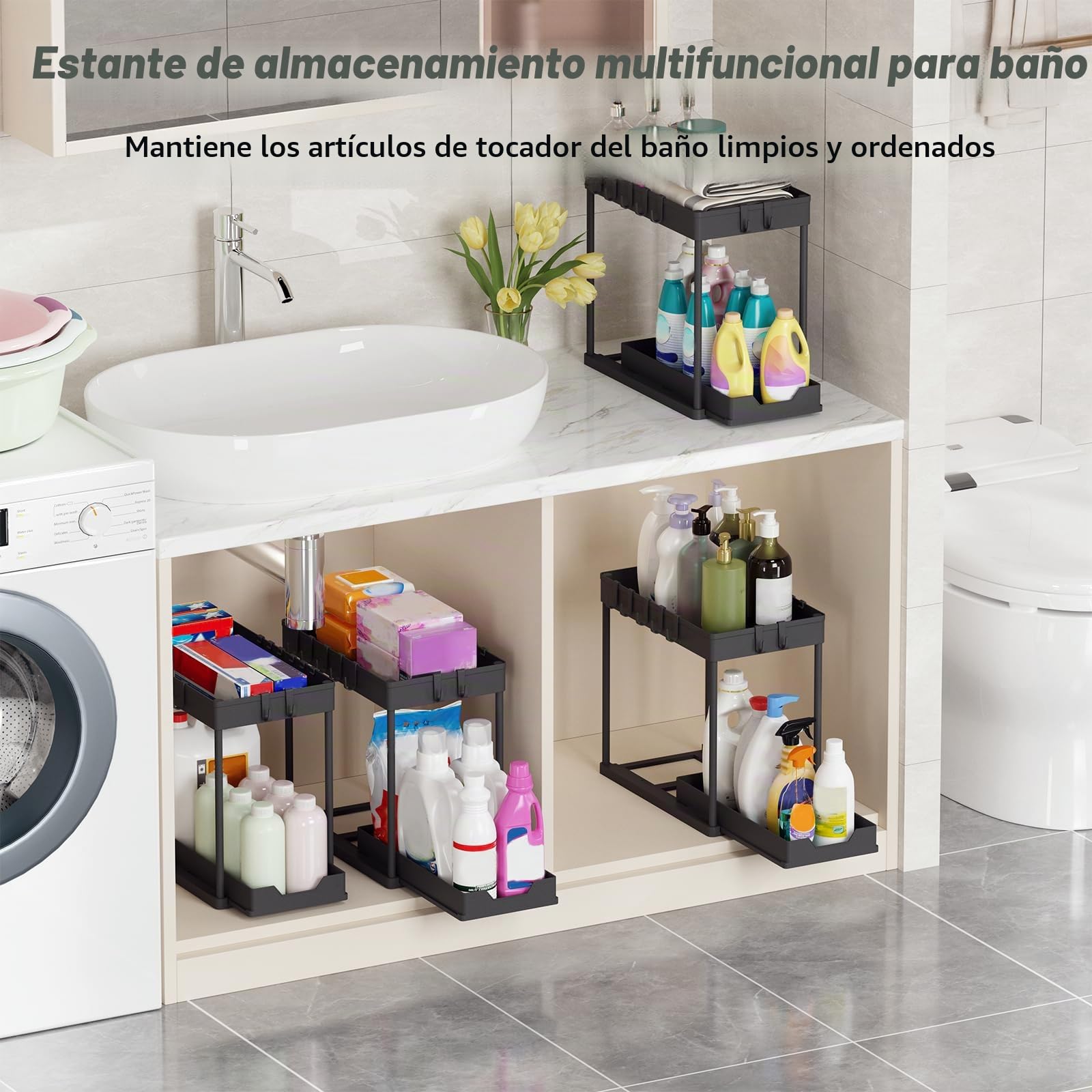 Meltrck 2 Paquete Organizador Cocina 2 Niveles para Debajo del Fregadero - Organizador Extraíble Estante Almacenamiento Debajo Fregadero con 16 Ganchos,Negro