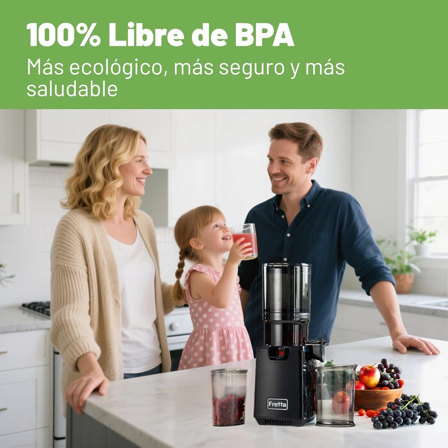Fretta Extractor de Zumos para Reuniones Boca 5.3 Pulgadas Capacidad 1,8 L | Filtro triple para mayor rendimiento, admite frutas enteras, piezas desmontables, fácil de instalar y limpiar