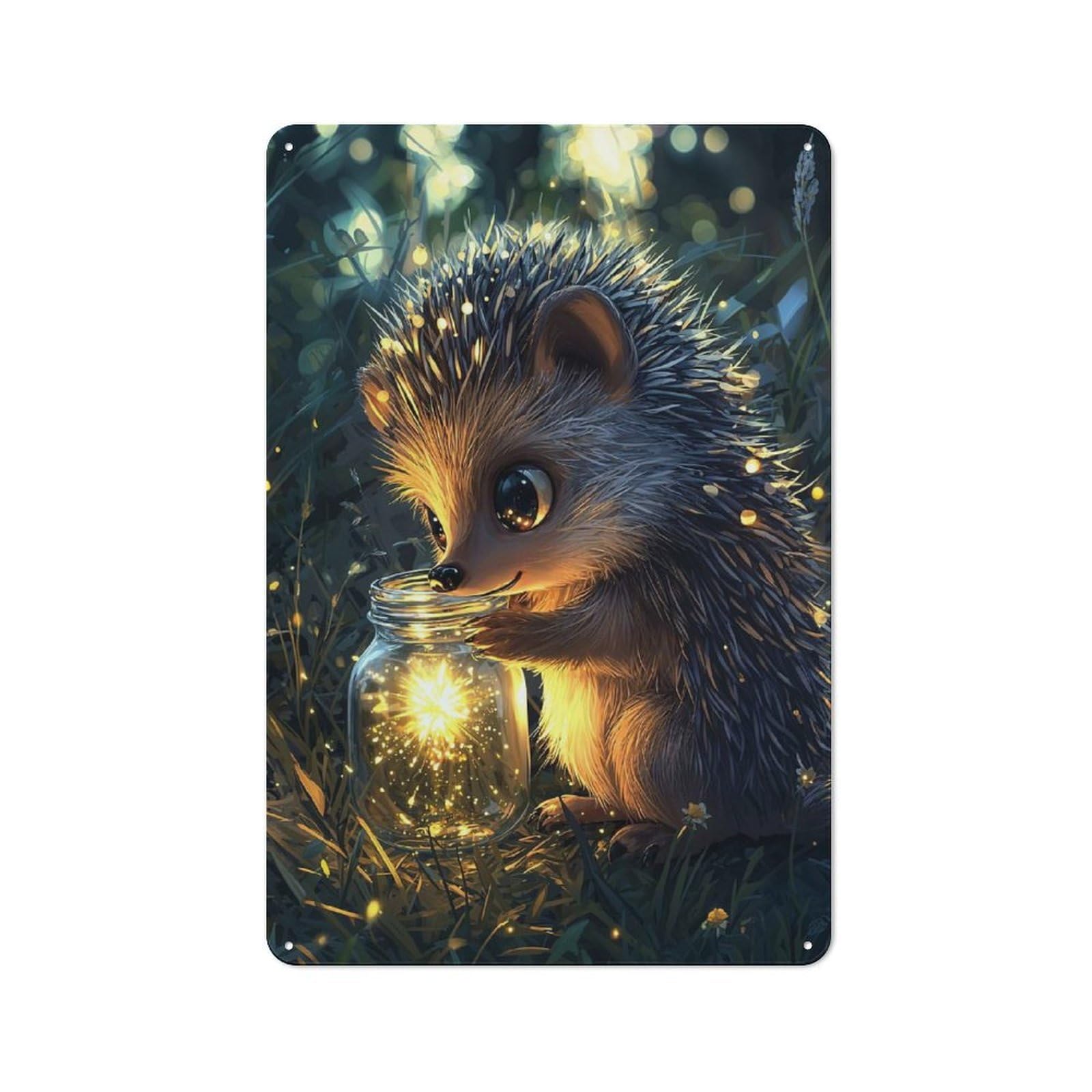 Junmoney Style-24 For Lounge Or Reading Corner, Hedgehog With Firefly Jar Retro Tin Sign 30X20cm, Gift For Reading Corner Decorators During The Christmas Season