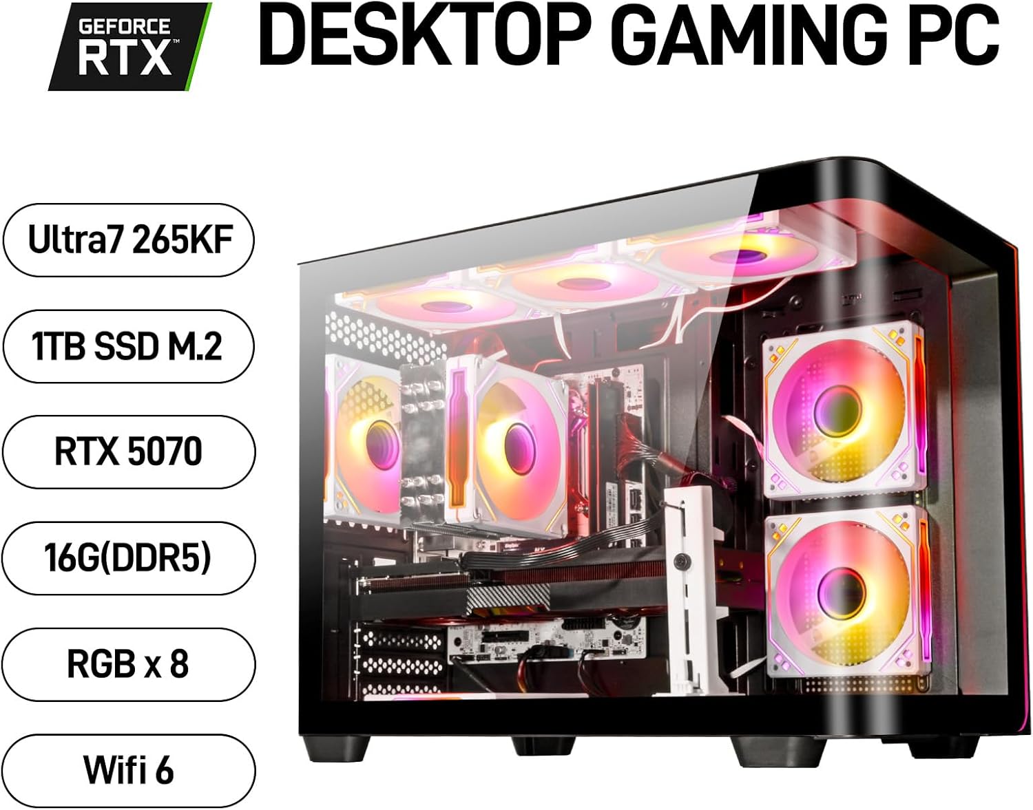 Gaming Desktop PC Core Ultra 7 265KF | GeForce RTX 5070 12GB GDDR7 | 16GB DDR5 RAM | 1TB NVMe SSD 3.0 | High-Performance Tower for 4K 8K VR Gaming, Streaming & Content Creation