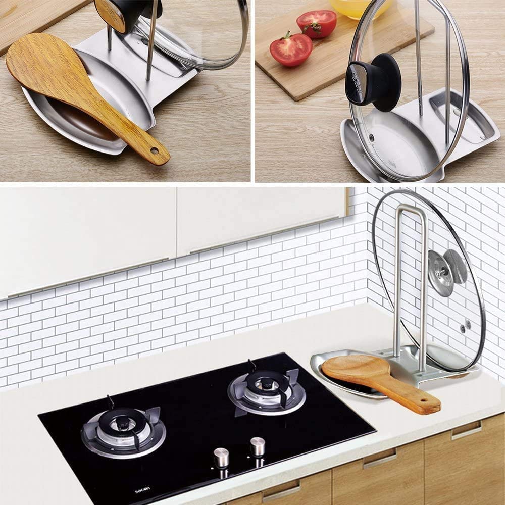 BluBasket Stainless Steel Lid and Spoon Rest - Heavy Duty Pot Cover Rack and Utensil Holder for Kitchen Countertop - Rustproof Stove Organizer for Ladles, Spatulas, and Pan Lids 2