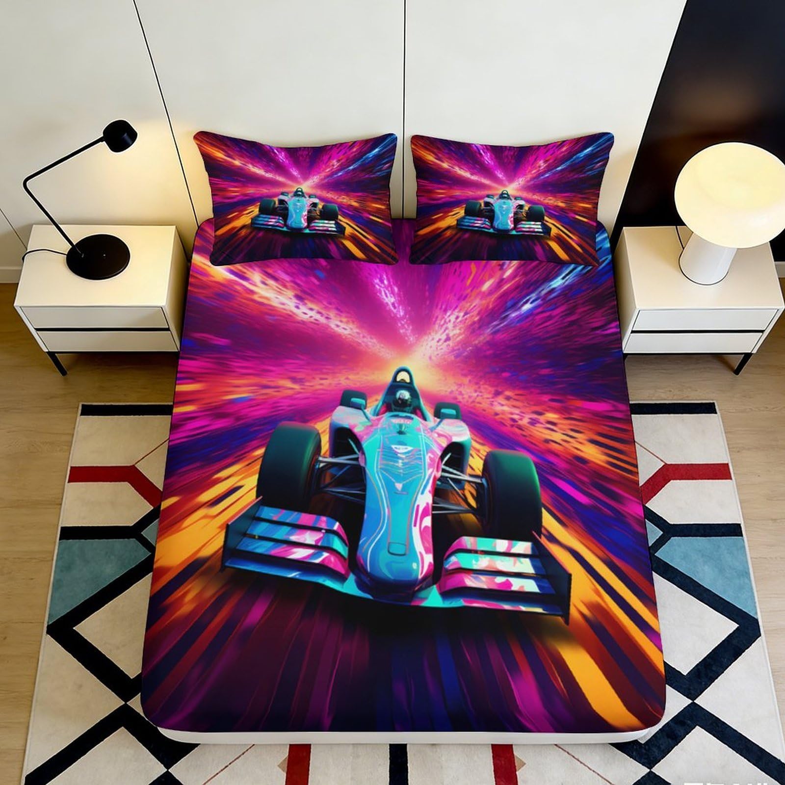 3D Printed Racing Car Fitted Sheet Microfiber Deep Pocket Non-Slip Bedroom Bedding Racing Mattress Fitted Cover Washable 120x200x25cm