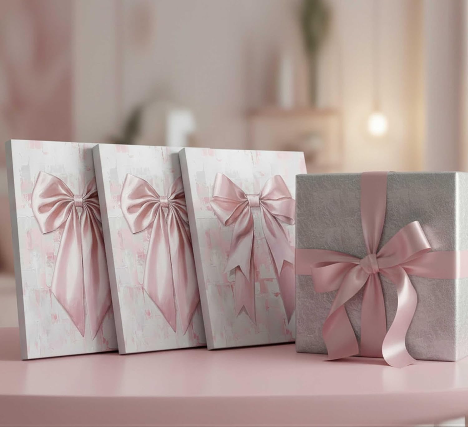 3Pcs Pink Bow Canvas Wall Art Trendy Coquette Preppy Bow Aesthetic Paintings Pictures Wall Decor Poster Print Artwork for Girls Room Bedroom Dorm Home Decoration