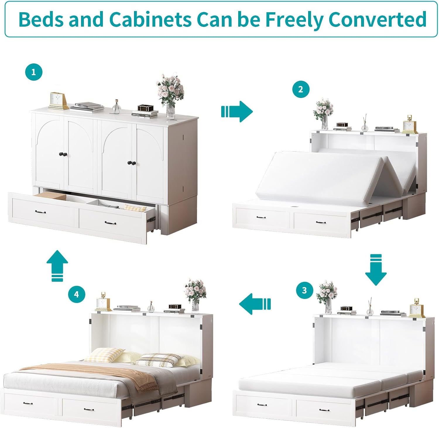 BALUS Murphy Cabinet Bed, Queen Size Cube Cabinet Beds with 2 Large Storage Drawers, Hidden Murphy Chest Bed Cabinets with Tri-Folding Foam Mattress & USB Charging Station for Guest Room, White