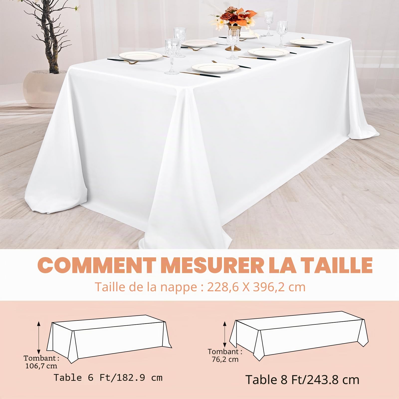 Pesonlook Lot de 4 nappes rectangulaires blanches, 228,6 x 396,2 cm en polyester lavable en masse, nappes en tissu polyester pour mariage, fête, banquet, buffet, table de fête, dîner de vacances