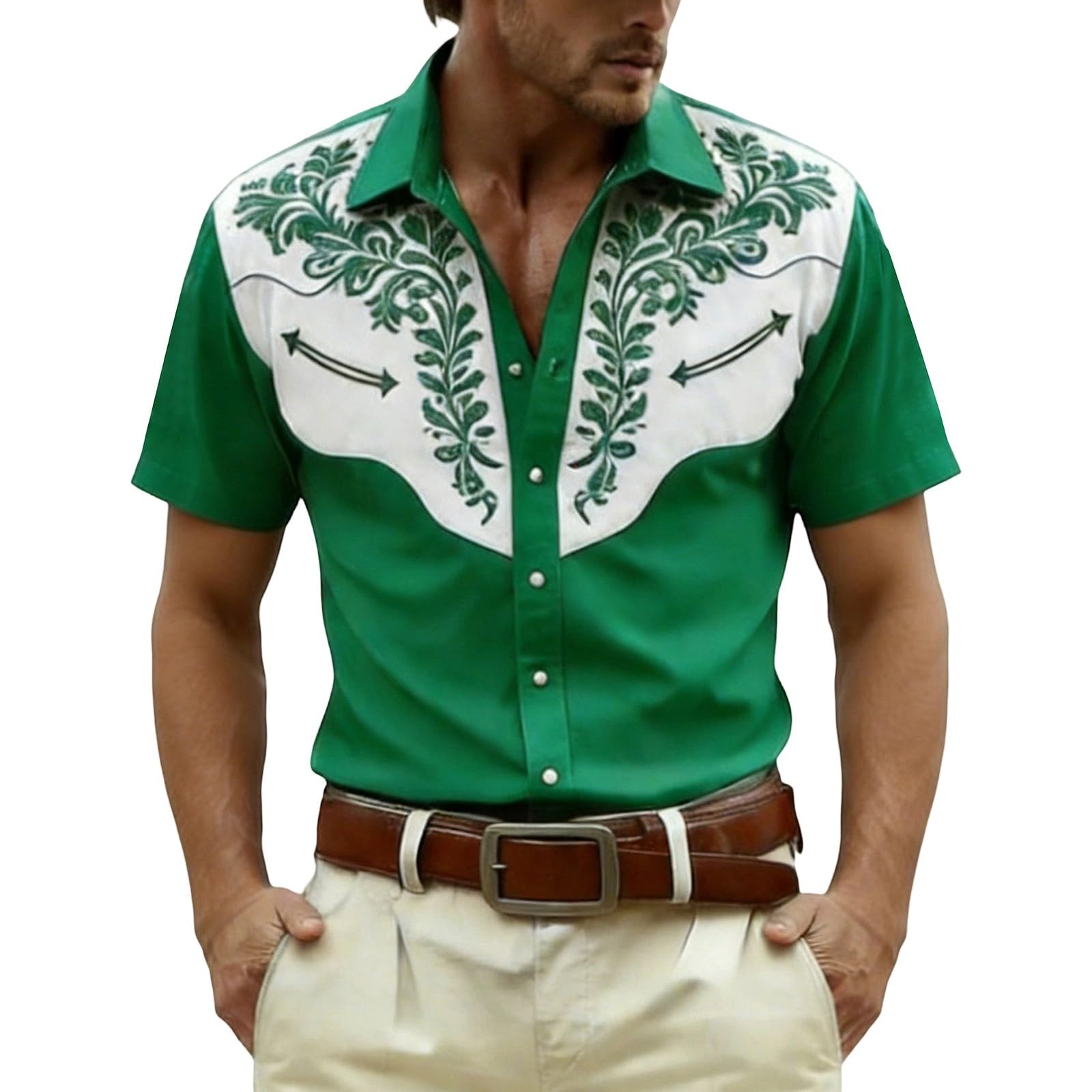 Cowboy Shirt Men's Western Shirts Cowboy Costume Men Western Shirts Western Cowboy Shirt Snap Embroidery Shirts Lapel Collar Classic Casual Shirt for Carnival Party Outfit, O Green, M