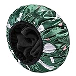 YIZIJIZI Triple Layer Reusable Waterproof Shower Cap for Women Large Terry Lined Hair Cap for Long Thick Hair Travel Bath Care Green Flowers