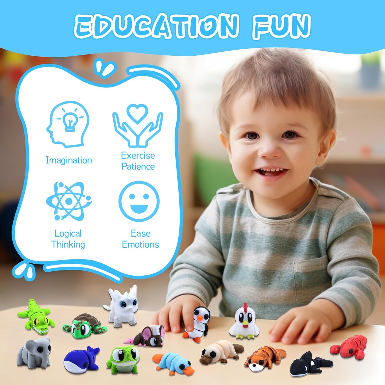 50 Pcs Mini 3D Printed Animals Figurines Set, 3D Printed Toys for Kids, Easter Basket Stuffers for Boys and Girls, School Classroom Prizes, Party Favors, Flexible Articulated Fidget Toys