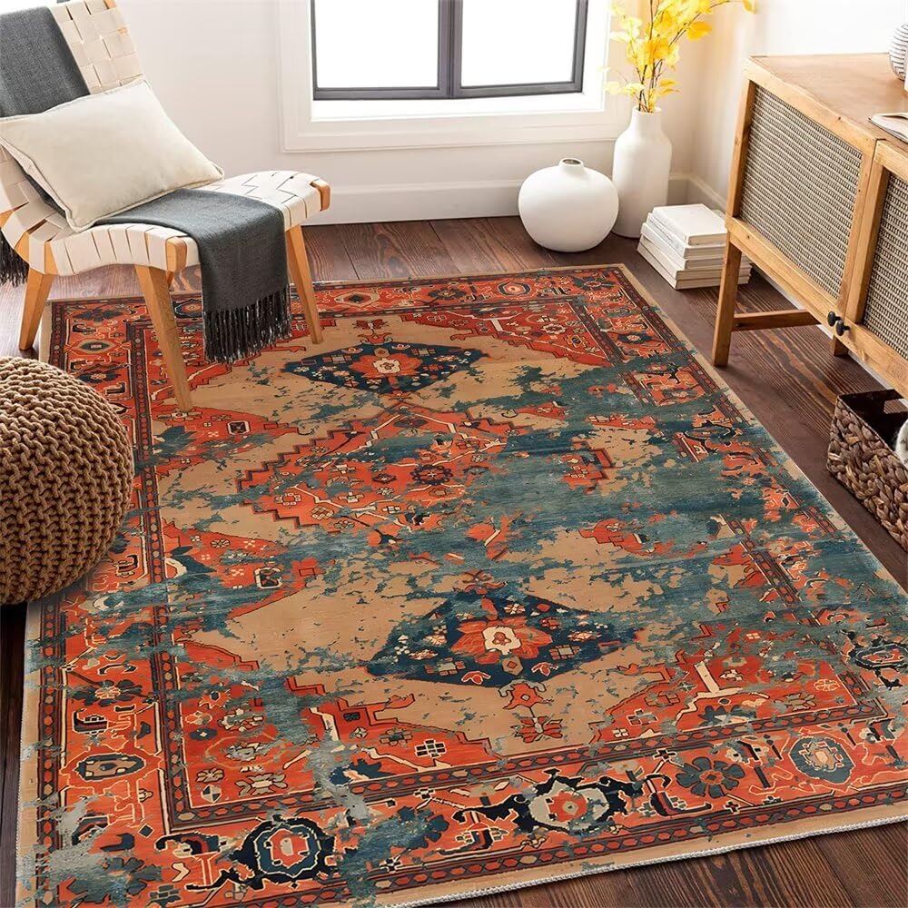 Tapis fille chambre orange et crème 100x150 lavable à motif floral bleu élégant
