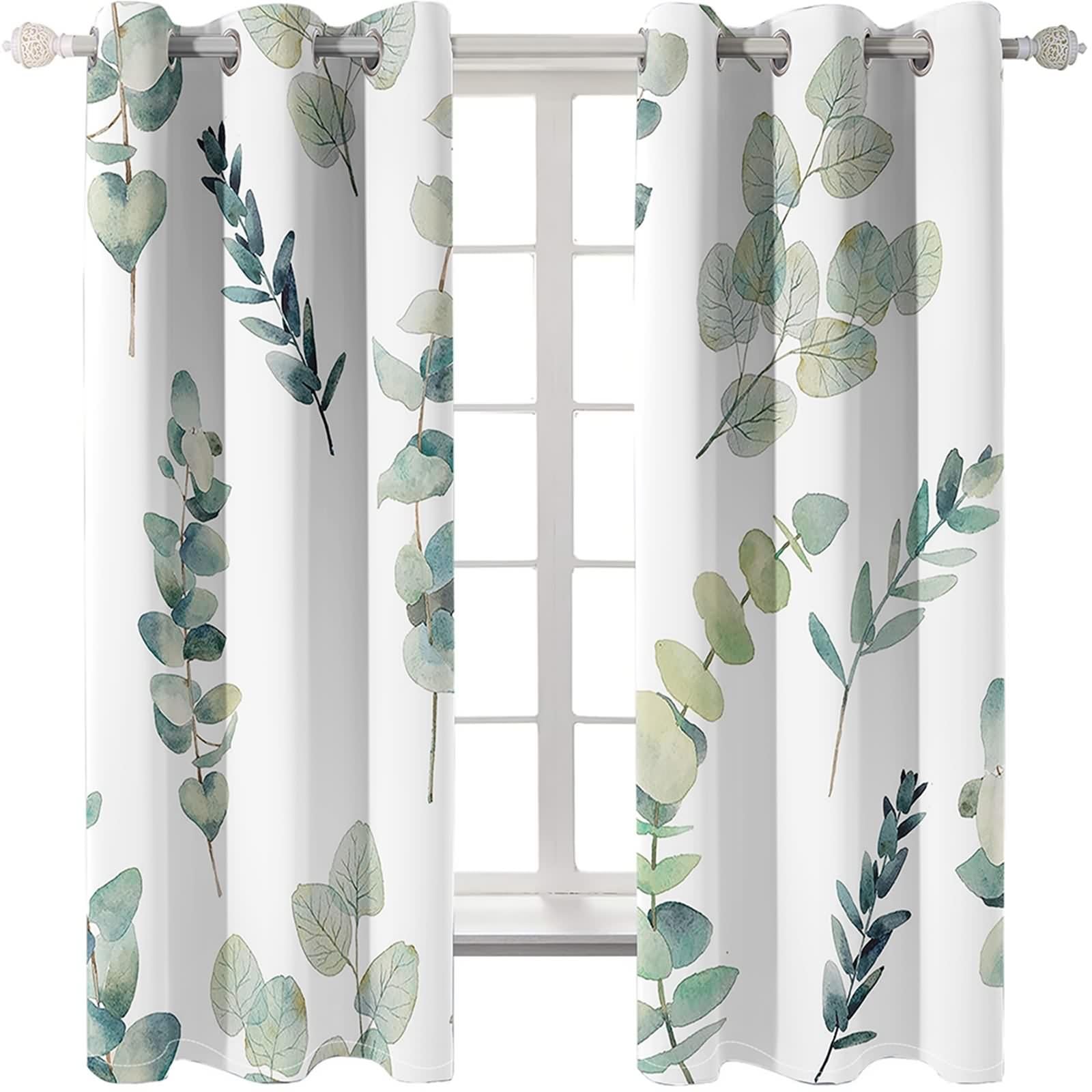 Rideau Salon Moderne, Rideaux Vert Blanc Polyester Branches Feuilles Décoration Chambre 107L x 214H CM Lot de 2