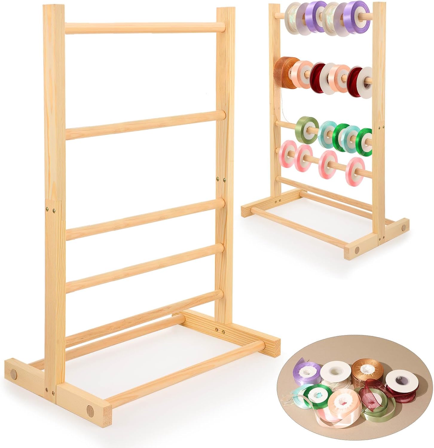 Lineshading 5 Tier Wooden Ribbon Holder Organizer Wooden Ribbon Rack Ribbon Spool Holder Storage Rack for Craft Sewing Yarn Mesh Crochet Tulle Tape Roll Gift Wrapping,27.55 x 17.71 x 11.81 Inches