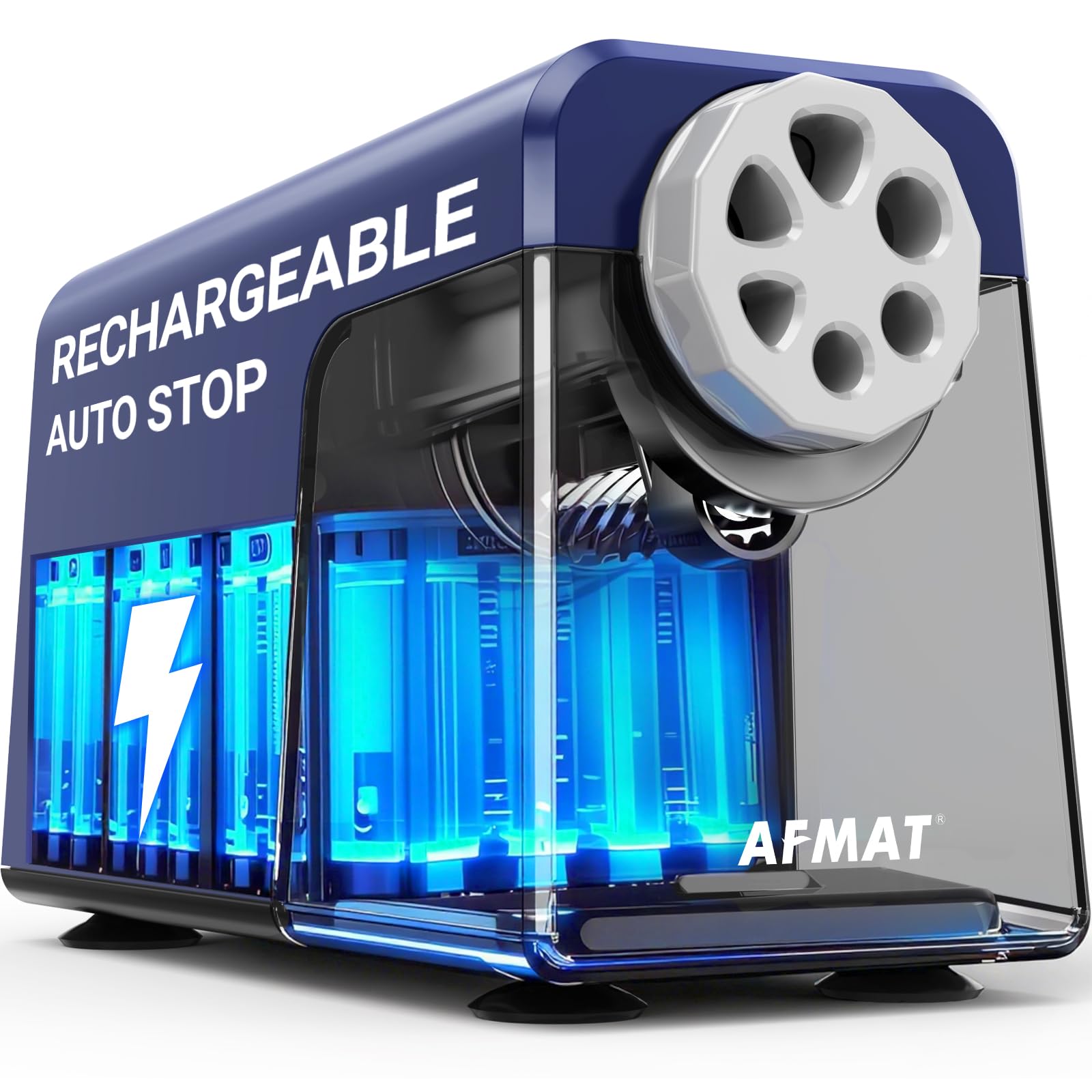 AFMAT Electric Pencil Sharpener Heavy Duty, 6 Holes, Rechargeable Pencil Sharpener with Container for Colored Pencils 6-11mm, Auto Stop,for School, Home, Classroom,Battery Operated,Blue PSD1