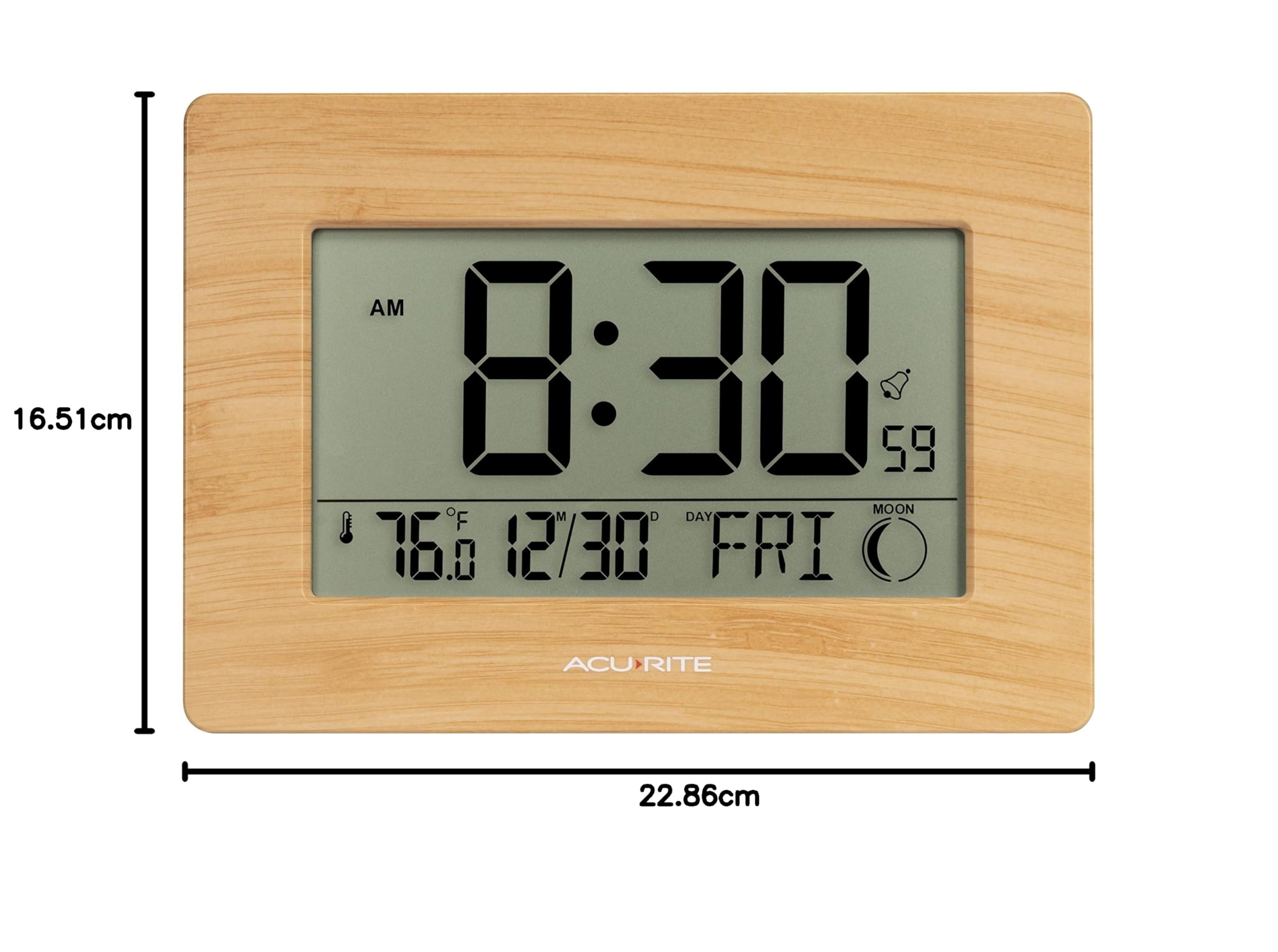 AcuRite Wireless Digital Wall/Tabletop Clock with 4 Interchangeable Plastic Frames - Stainless Steel, Bamboo, Matte Black, and Matte White – with Date, Indoor Temperature, and Moon Phase (75439)
