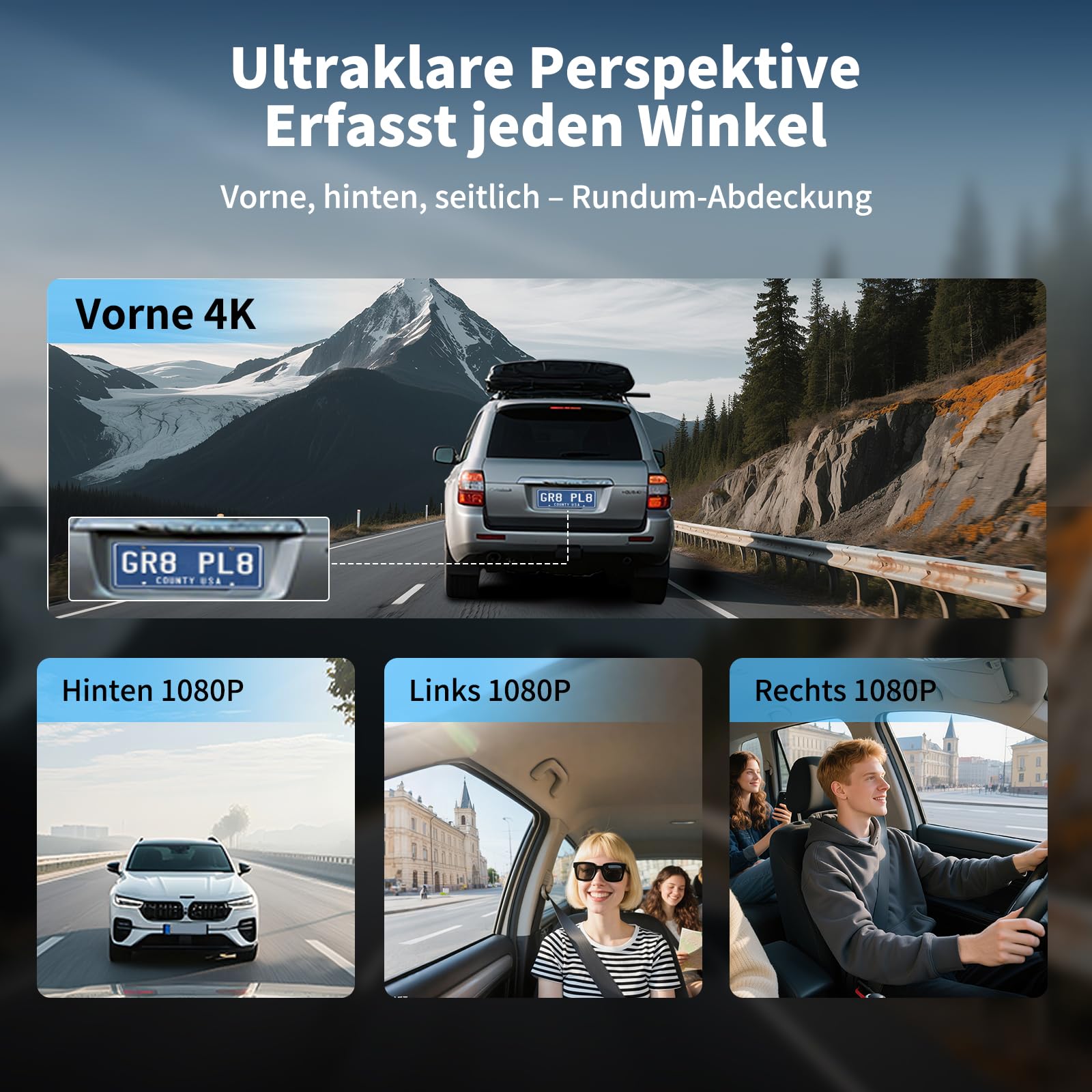 Dashcam Auto Vorne Hinten 4K/1080P,4 Kanal Auto Kamera mit 64GB SD-Karte | 360°Dash Cam mit parküberwachung,4X140° Weitwinkel,3" IPS-Bildschirm,Super Nachtsicht,WDR,G-Sensor,Loop-Aufnahme,cable App